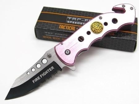 TF-498PFD Black Pink Fire Fighter Spring Assisted Folding Pocket Knife with Stainless Steel Razor Sharp Blade