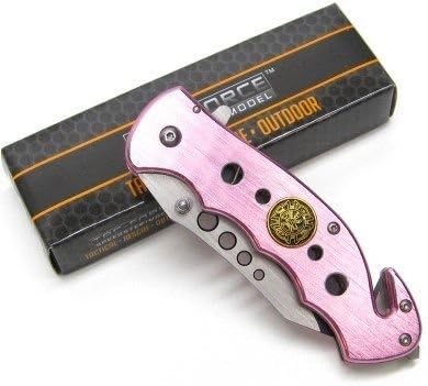 TF-498PFD Black Pink Fire Fighter Spring Assisted Folding Pocket Knife with Stainless Steel Razor Sharp Blade