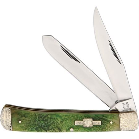 Rough Rider 1508 Trapper Folding Pocket Knife with Green Bone Handle