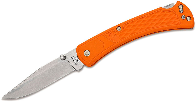 Buck 110 Slim Select Folding Hunter 3.75" Plain Blade, Blaze Orange GFN Handles, Deep Carry Pocket Clip - 12699