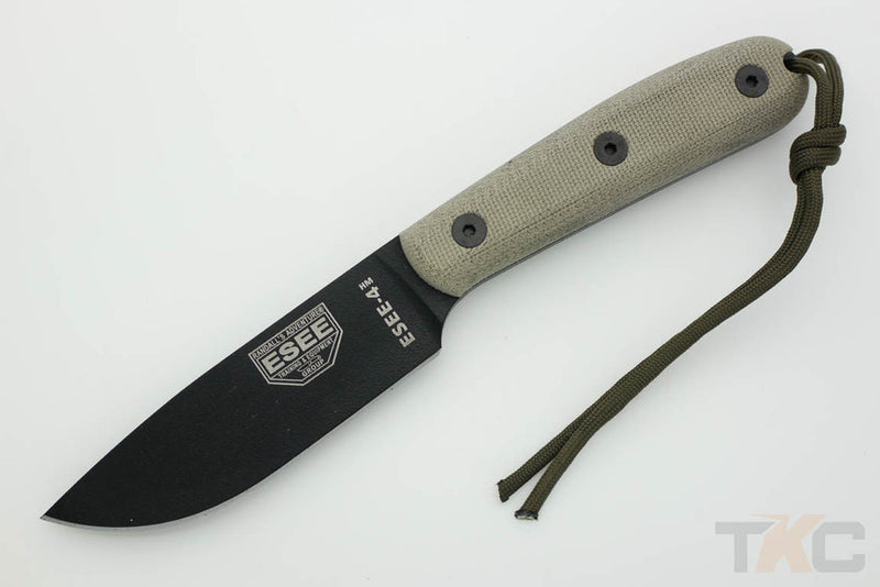 ESEE-4HM-K, BLACK PLAIN EDGE BLADE, MODIFIED HANDLE W/ GREEN CANVAS MICARTA SCALES - KYDEX SHEATH