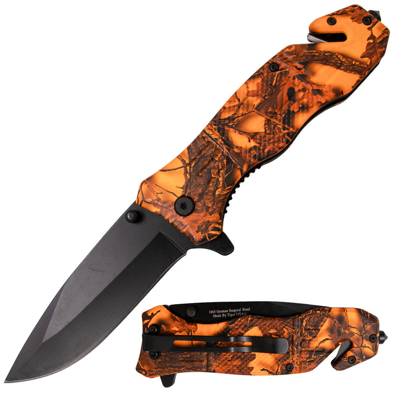 Tiger Xtreme Orange Leaf Camo Action Liner Lock DP Blade Knife