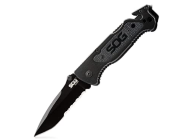 SOG Tactical Folding Knife - Escape Pocket Knife, Emergency Knife and Survival Knife w/ 3.4 Inch Serrated Edge Knife Blade and Glass Breaker (FF25-CP)